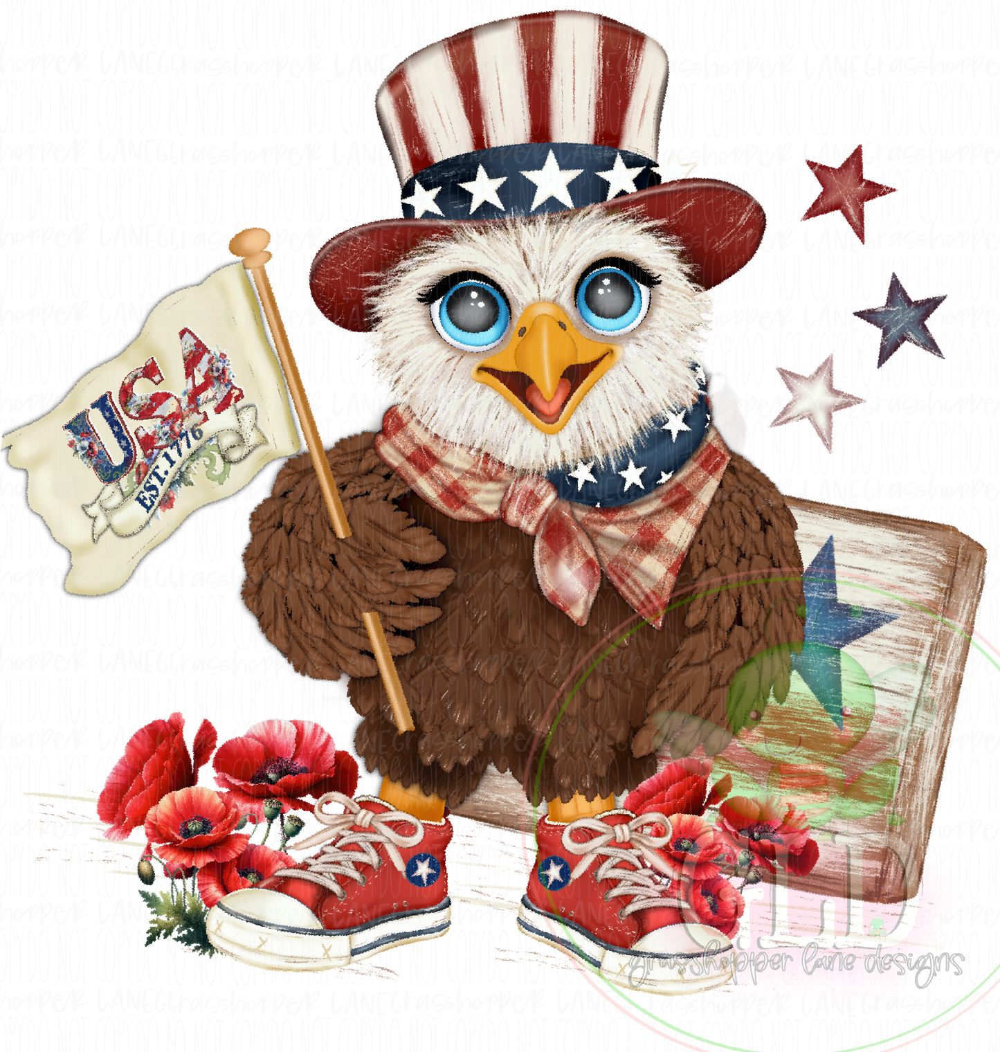Patriotic eagle character named Uncle Beaky wearing a red white and blue top hat and holding a USA 1776 flag with vintage Americana details.