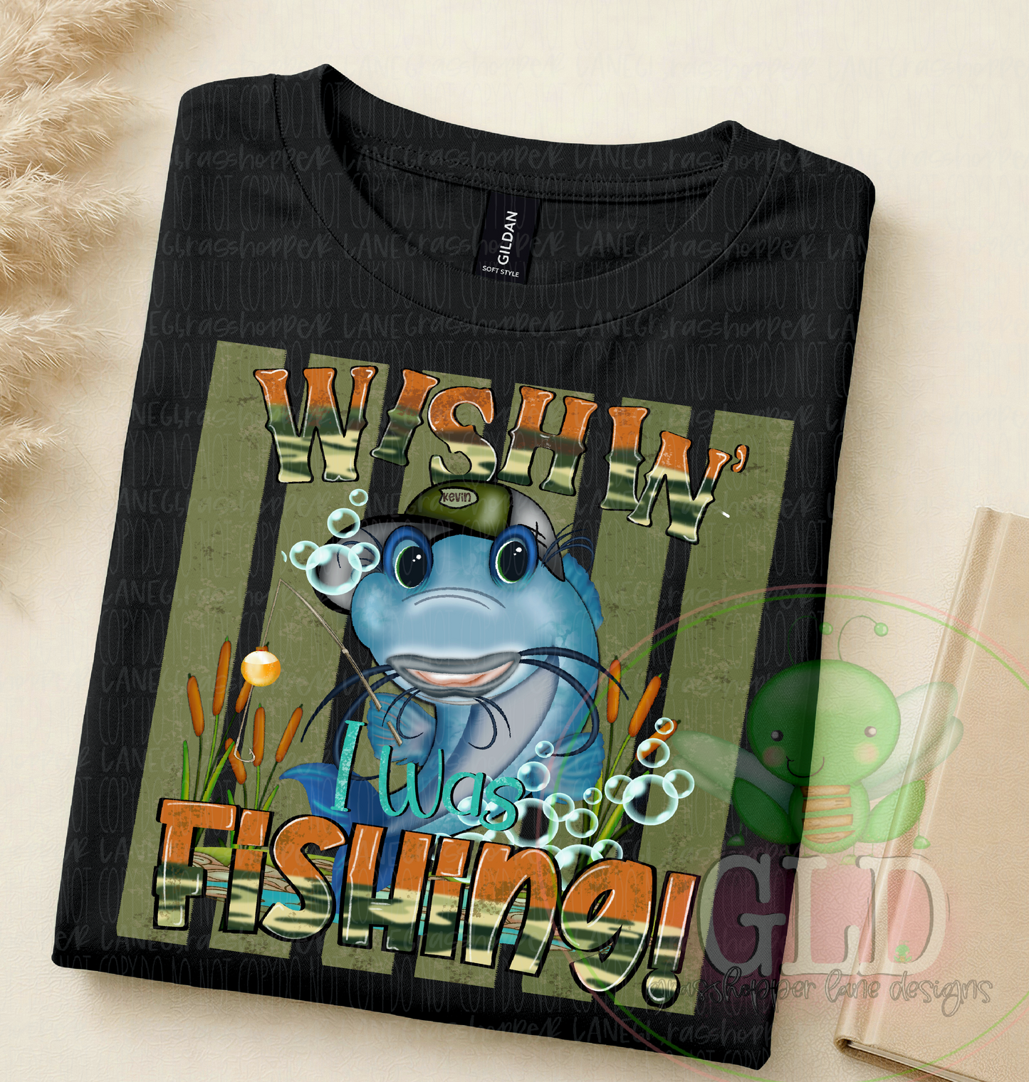 Fishing lover shirt featuring Kevin Catfish graphic displayed on black Gildan tee