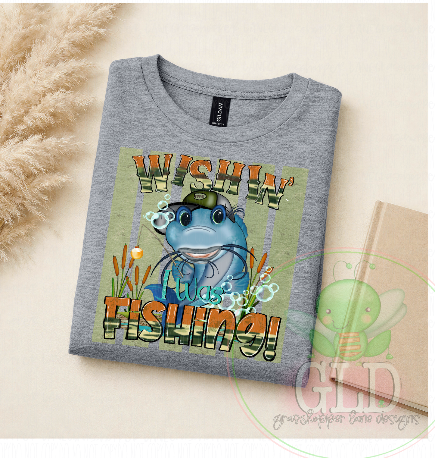 Wishin' I was Fishin' catfish shirt shown on athletic Grey Gildan tee