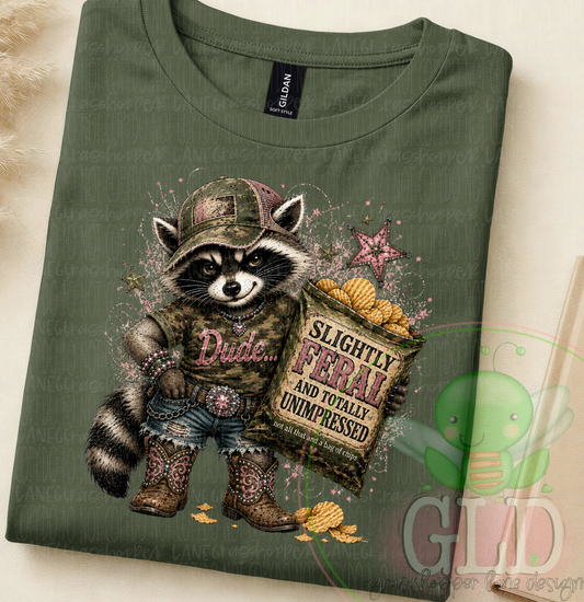Slightly Feral and Totally Unimpressed Funny Raccoon Graphic Tee | Camo Cowgirl Shirt | Funny Western Boutique Tee | Snark Shirt