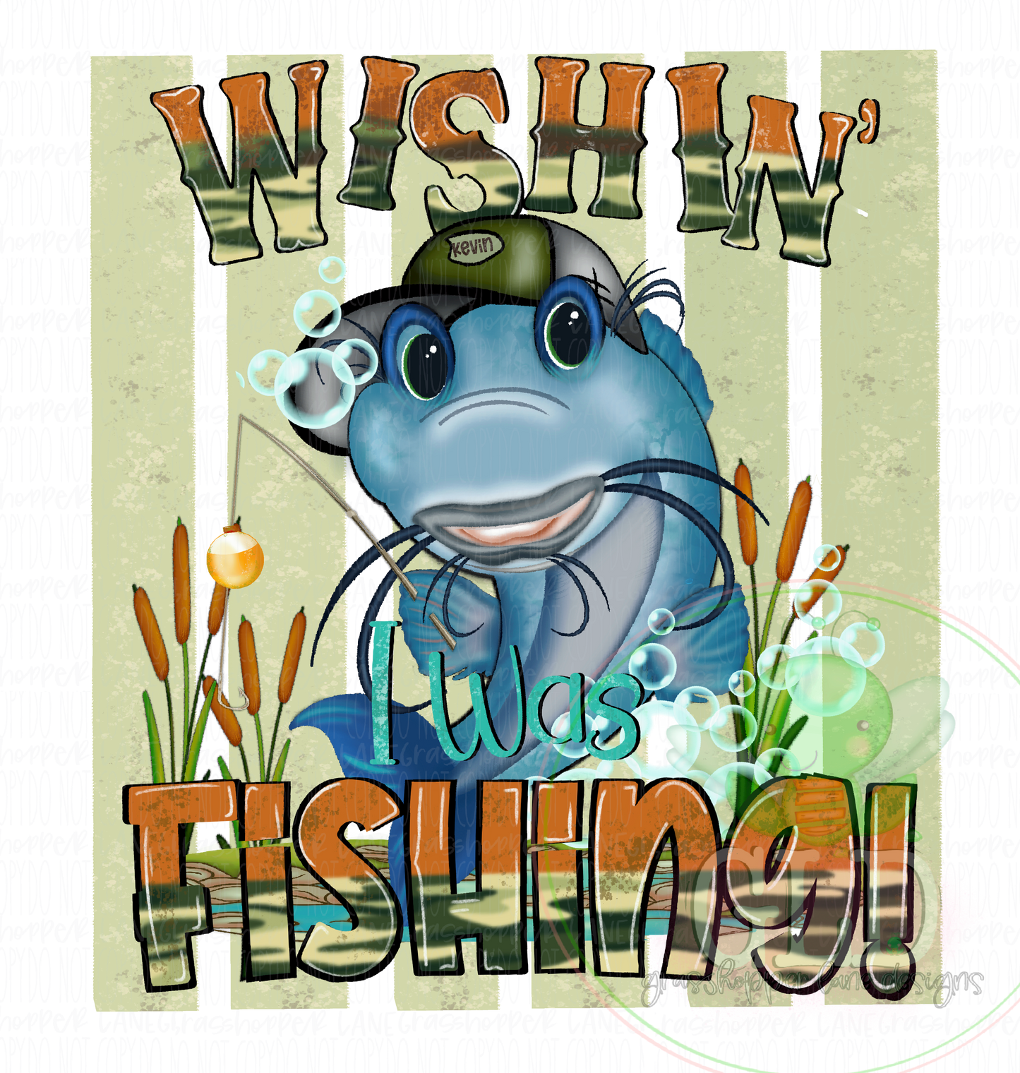 Wishin' I was Fishing shirt fwaturing zkevin Catfish holding a fishing pole surrounded by cattails and bubbles