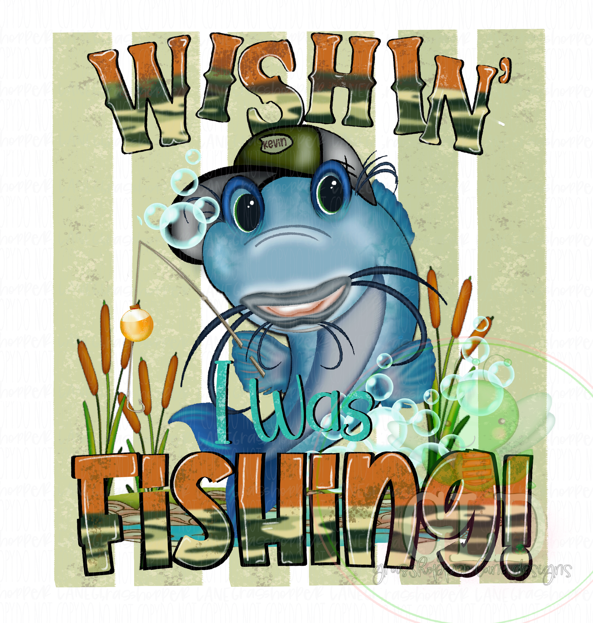 Wishin' I was Fishing shirt fwaturing zkevin Catfish holding a fishing pole surrounded by cattails and bubbles