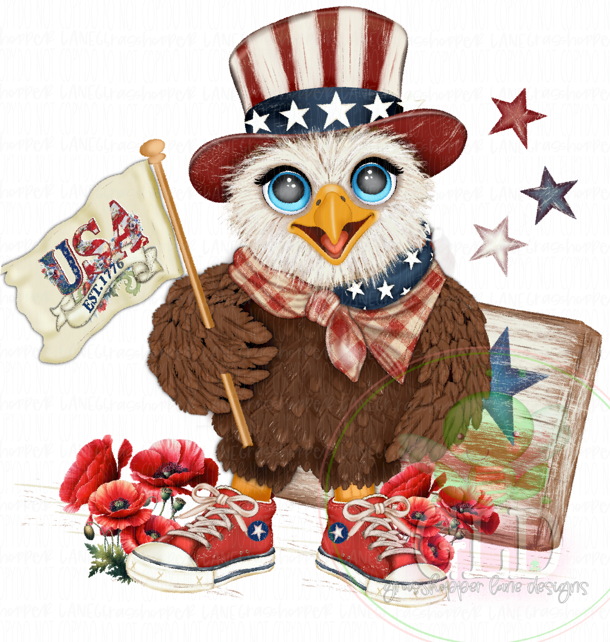 Patriotic eagle character named Uncle Beaky wearing a red white and blue top hat and holding a USA 1776 flag with vintage Americana details.